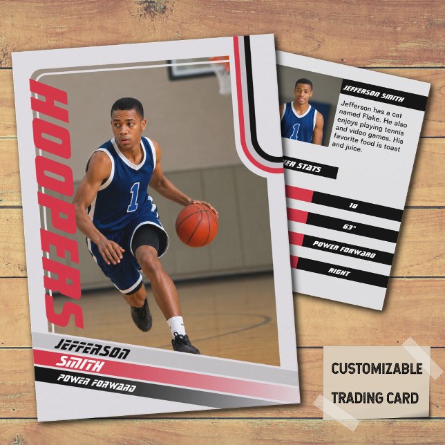Basketball Player Custom Trading Card In Black Red (Basketball Player Trading Card in Grey with custom team name and player name with Red stripes)
