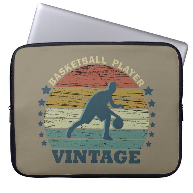 Basketball player dribbling vintage retro sunset laptop sleeve (Front)