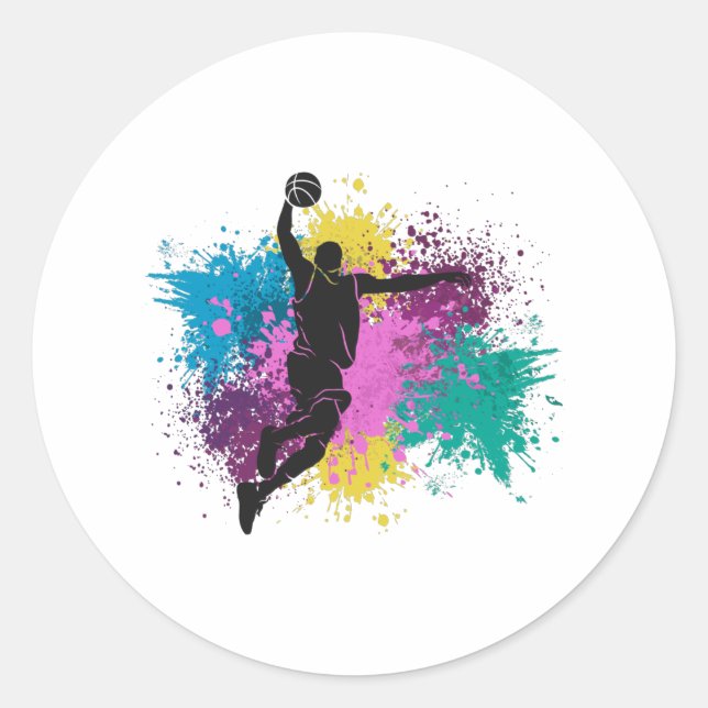 Basketball Player Grungy Colour Splashes Classic Round Sticker (Front)