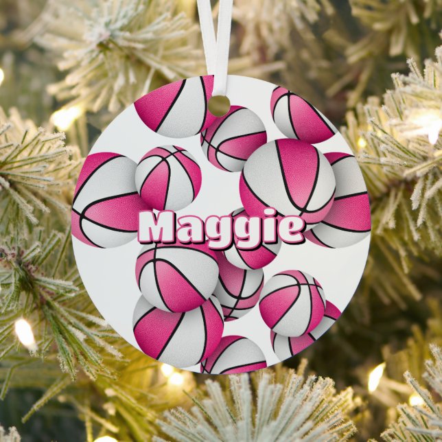 basketball player keepsake girls name pink white metal tree decoration (Insitu)