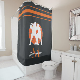 Basketball Player & Monogram Kids Name Striped Fun Shower Curtain