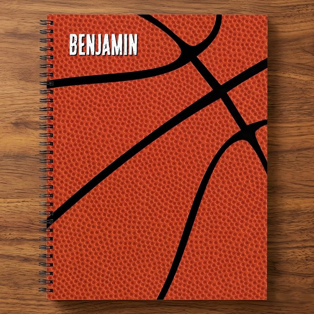 Basketball Player Name Text Custom Sports Playbook Notebook (Custom text basketball notebook on wooden desk.)