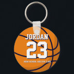 Basketball Player Number School Sports Team Key Ring<br><div class="desc">A perfect pin for sports fans,  athletes,  players,  coach or captain of the basketball team. You can customise the wording to fit any events with this sports theme,  whether it's birthday,  championship celebration or winning party.</div>