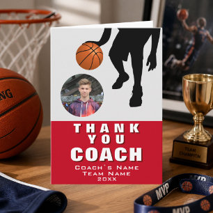 Basketball Player Silhouette Photo Coach Red Thank You Card