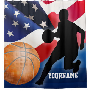 Basketball Player Silhouette with American US Flag Shower Curtain