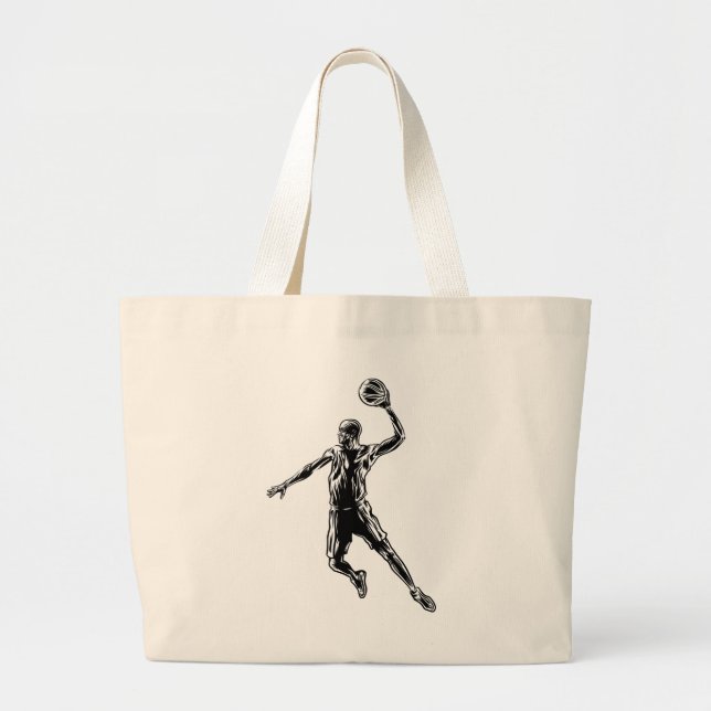 Basketball Player Slam Dunk Dark Design Large Tote Bag (Front)