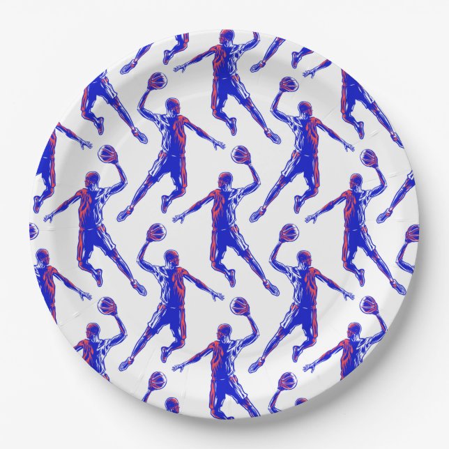 Basketball Player Slam Dunk, Red and Blue Design Paper Plate (Front)