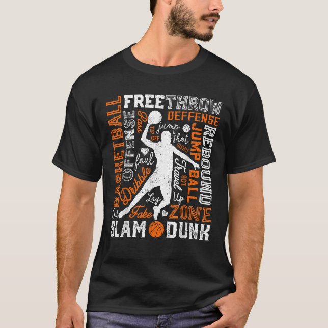 Basketball Player Slam Dunk Typography Word Art Vi T-Shirt (Front)