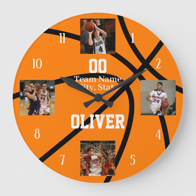 Basketball Player Team Photo Collage Large Clock (Front)