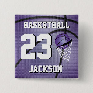 Basketball Purple and White Personalise 15 Cm Square Badge