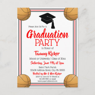Basketball Red & Black Graduation Party Invitation Postcard