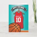 Basketball Red Jersey Sports Custom Birthday Card<br><div class="desc">Personalised kids basketball birthday greeting cards with a blue faded background and a red & black basketball jersey which you can personalise with the childs name and age, and a basketball at the bottom. This sports birthday card will impress the birthday kid be it your son/daughter, nephew/niece, grandson/grandaughter or friend,...</div>