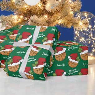 Basketball Santa Hat on Green Background Wrapping Paper