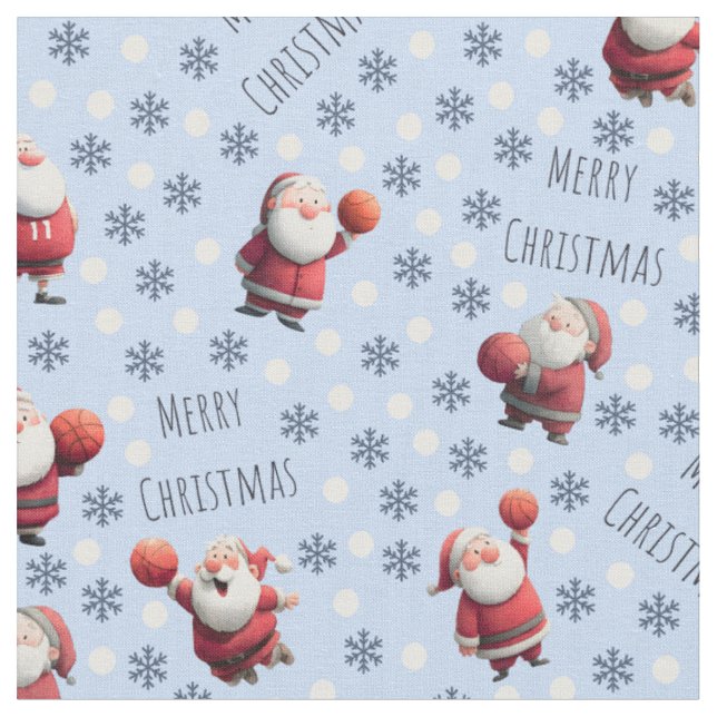 Basketball Santa on Baby Blue Fabric (Close Up)