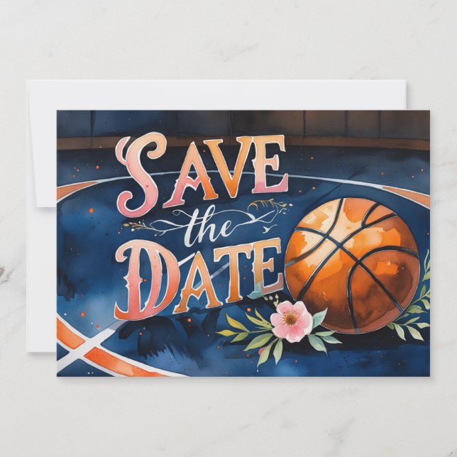 Basketball Save the date with basketball on court Invitation (Front)