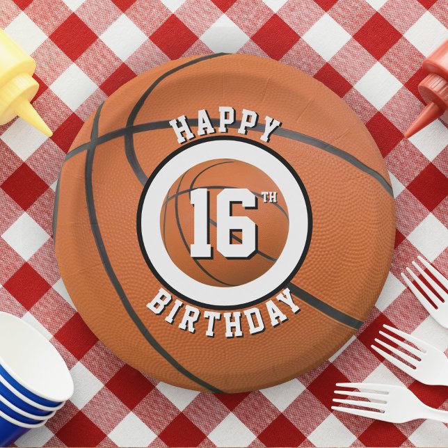 Basketball Sixteenth Bday Sweet 16 Happy Birthday Paper Plate (basketball 16th birthday paper plates)