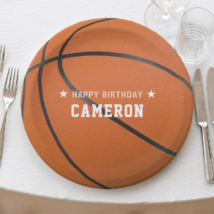 Basketball Sport Orange Happy Birthday Party Paper Plate
