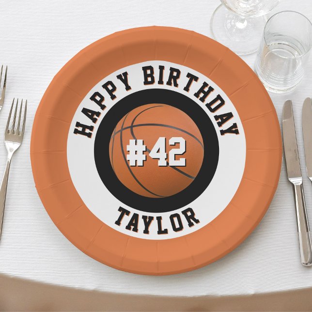 Basketball Sport Team Player Name Happy Birthday Paper Plate (orange black & white sports basketball happy birthday paper plates)