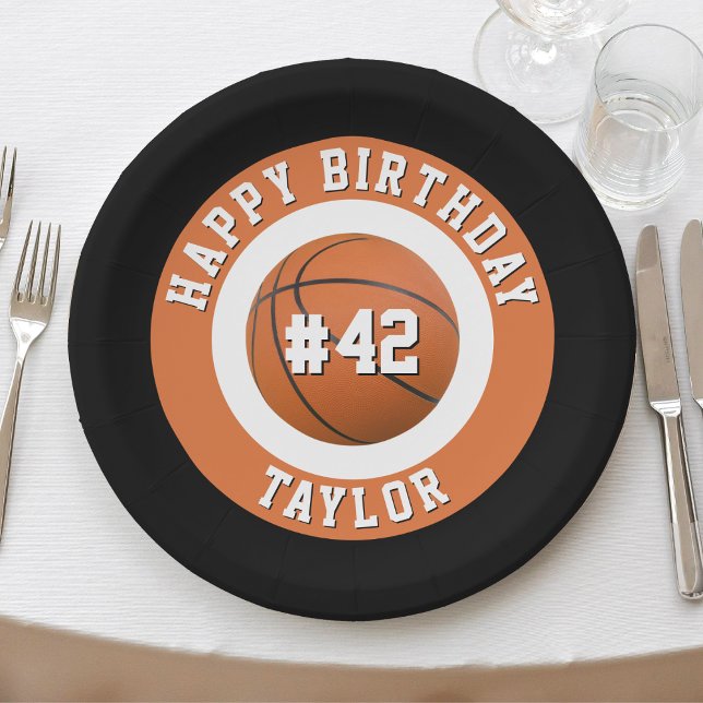 Basketball Sport Team Player Name Happy Birthday Paper Plate (orange black & white sports basketball happy birthday paper plates)