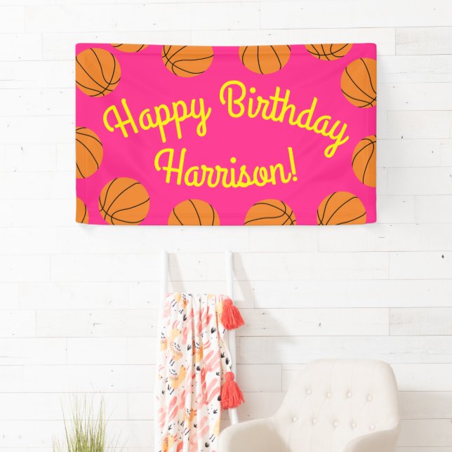 Basketball Sports Birthday Party Pink Banner (Insitu)