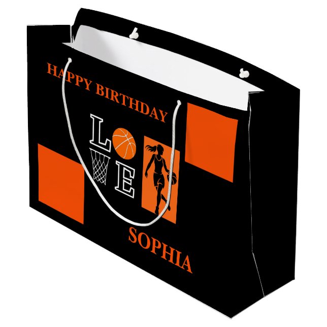 Basketball Swoosh Black Birthday Large Gift Bag (Back Angled)