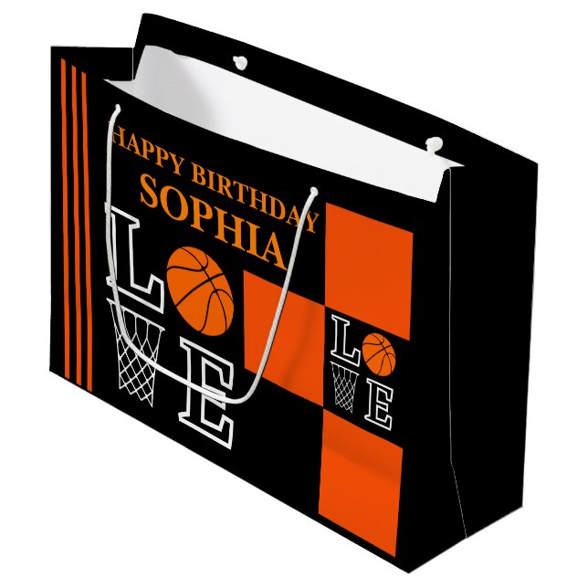 Basketball Swoosh Black Birthday Large Gift Bag (Front Angled)