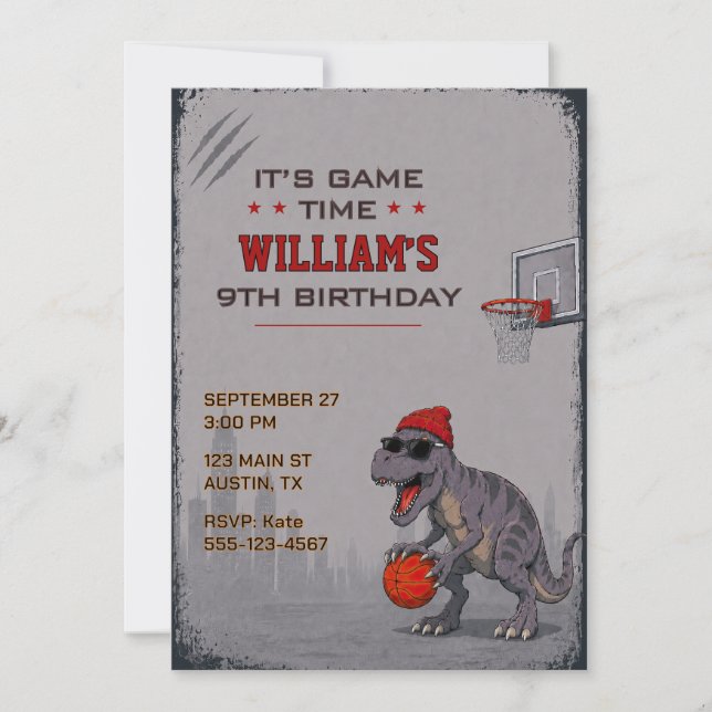 Basketball T-Rex Birthday Invitation (Front)