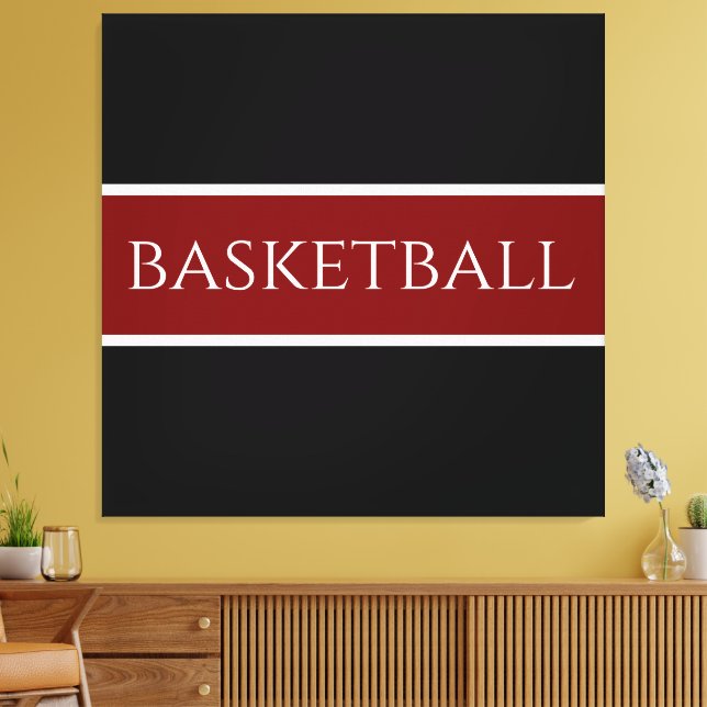 BASKETBALL Text Athletic Deep Red Black Stripes  Canvas Print (Insitu(LivingRoom))