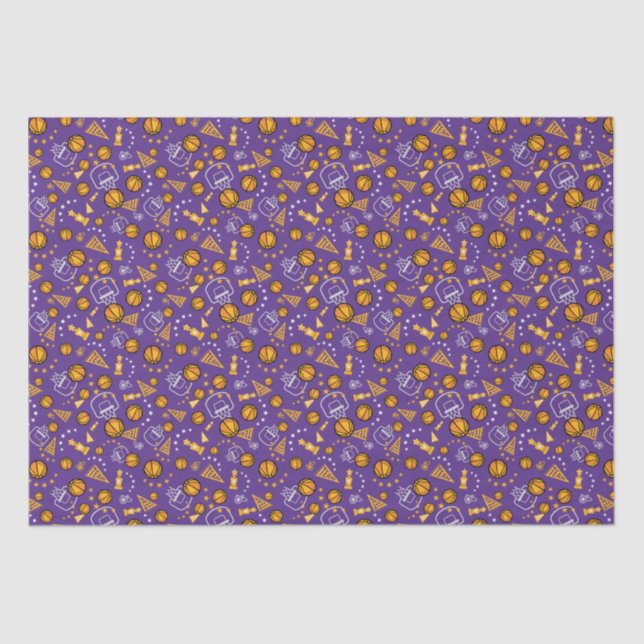 Basketball Themed Pattern Design Gold & Purple Tissue Paper (Front)