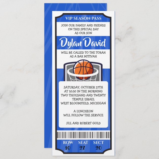 BASKETBALL TICKET Bar Bat Mitzvah Invitation (Front/Back)