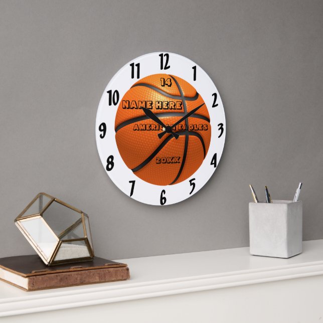 Basketball white and black clock with Player Name (Office)