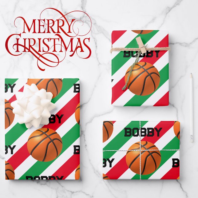 Basketball with Kid's Name Christmas Red & Green 3 Wrapping Paper Sheet (Creator Uploaded)