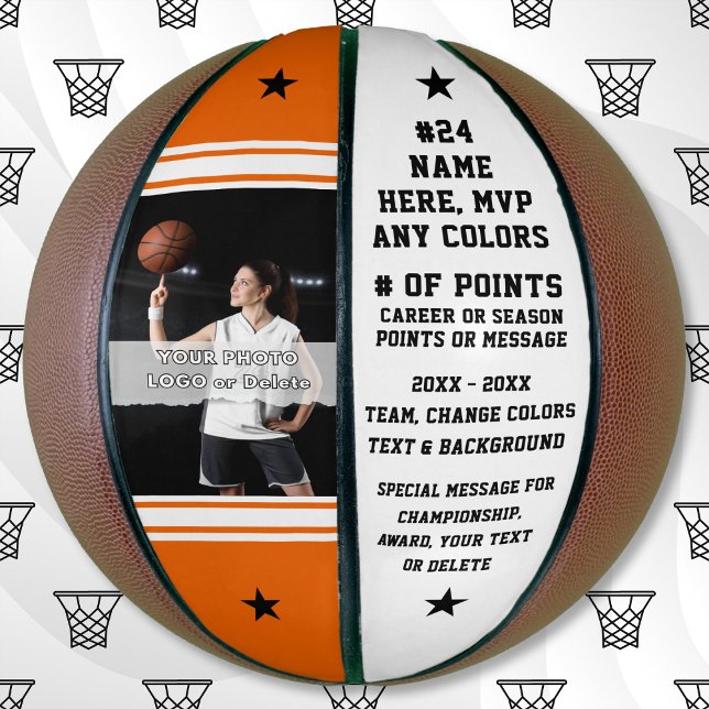 Basketball with Picture On It. Basketball Senior,  (Photo Basketball with Basketball Stats. Basketball awards or senior night basketball ideas. Orange.)