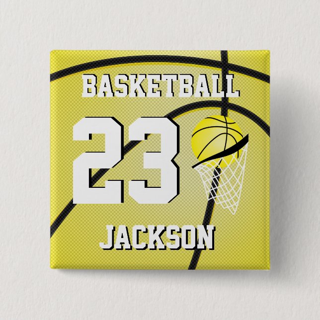 Basketball Yellow and White | Personalise 15 Cm Square Badge (Front)