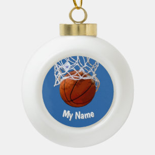 Basketball Your Name Custom Steel Blue Background Ceramic Ball Christmas Ornament