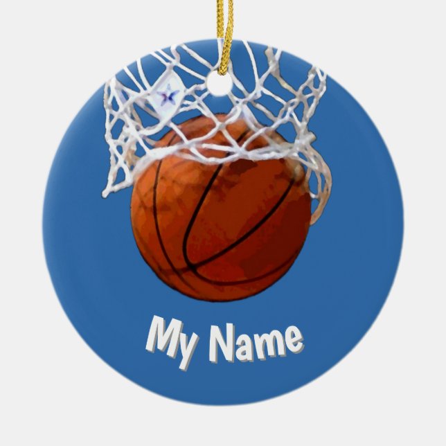 Basketball Your Name Custom Steel Blue Background Ceramic Tree Decoration (Front)