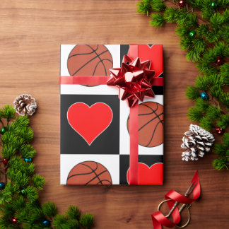 Basketballs & Hearts Black & White Chequered Patte Wrapping Paper