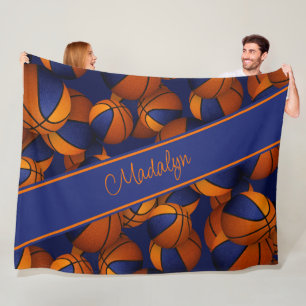 basketballs pattern blue orange her team colours fleece blanket