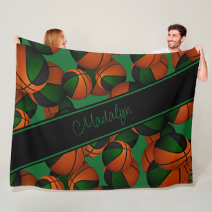 basketballs pattern green black girls team colours fleece blanket