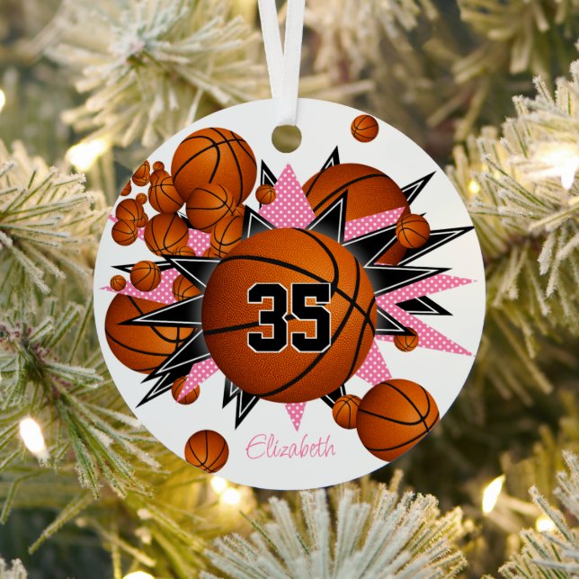 basketballs w pink black stars girls keepsake metal tree decoration (Insitu)