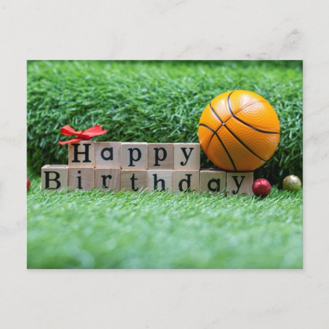 Basketballs with happy birthday word is on green postcard (Front)