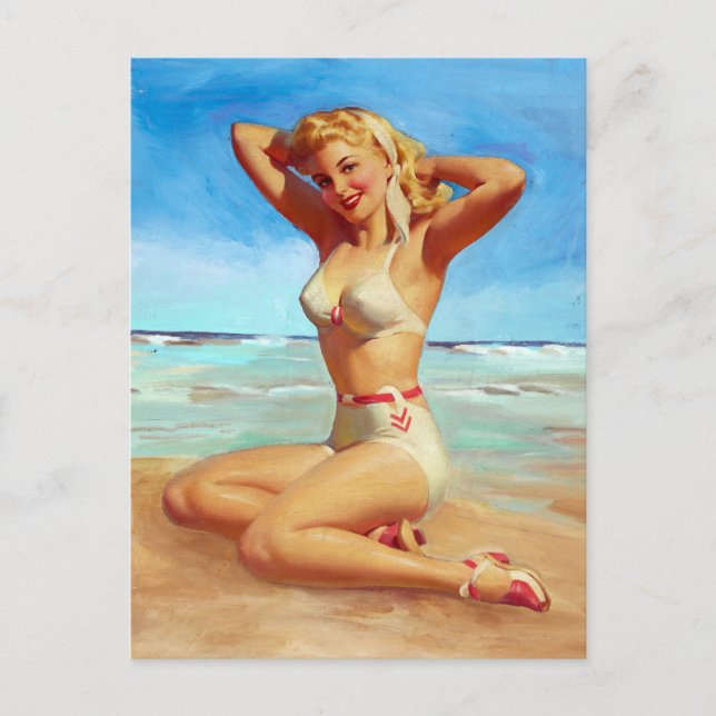 Basking on the Beach Pin Up Postcard (Front)