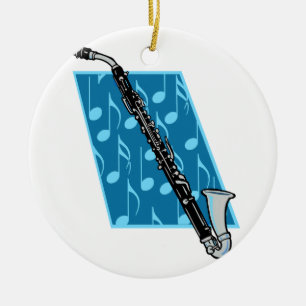 Bass Clarinet with Blue Background and Music Notes Ceramic Tree Decoration