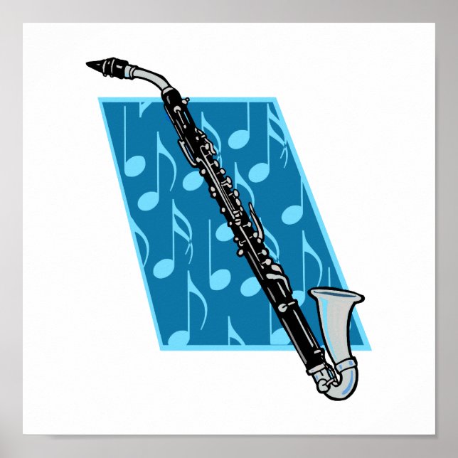 Bass Clarinet with Blue Background and Music Notes Poster (Front)