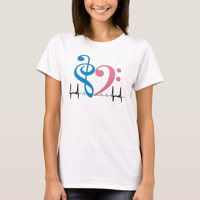 Bass Clef Heart EKG Waves Cyan & Pink T-Shirt (Front)