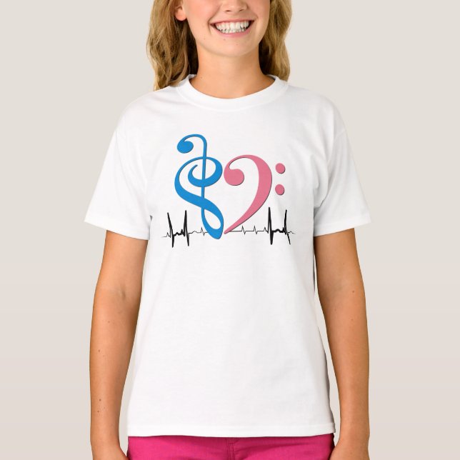 Bass Clef Heart EKG Waves Cyan & Pink T-Shirt (Front)