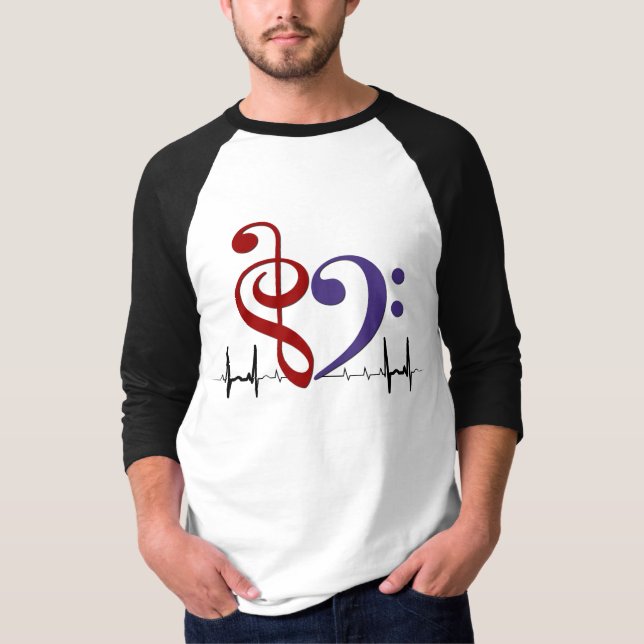 Bass Clef Heart EKG Waves Red & Purple T-Shirt (Front)