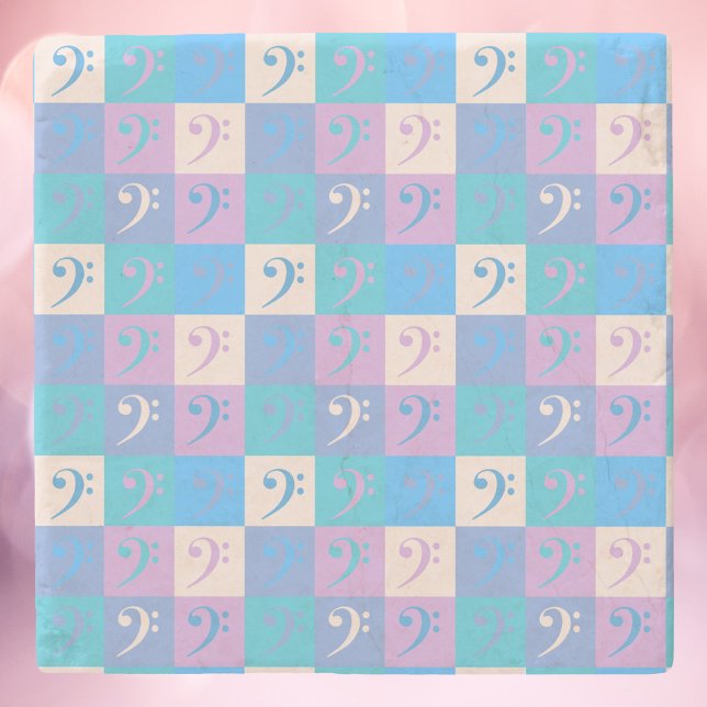 Bass Clef Music Pattern Pastel Stone Coaster (A coaster with a pattern of bass clefs done in yellow, blue, pink and purple.)