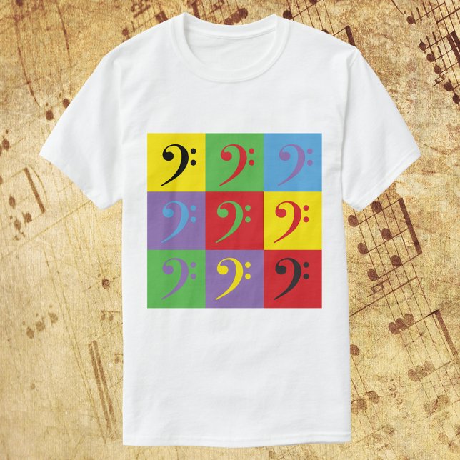 Bass Clef Rainbow Music Pattern T-Shirt (A tshirt with a colorful pattern of bass clefs)