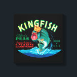Bass Fish Wearing a Crown on a Black Background Canvas Print<br><div class="desc">This vintage crate label of a bass fish wearing a crown on a black background will please any vintage art lover. It is an advertisement for KingFish Peas. The colours are very vivid and sharp. Choose this artprint on your product today.</div>